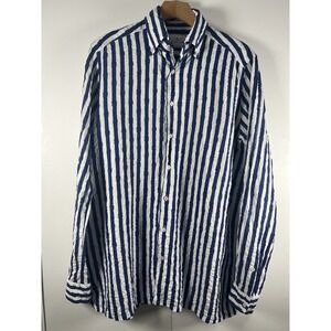 Emanuel Berg Button Down Shirt Men's Medium Linen Long Sleeve Blue Striped Prepp